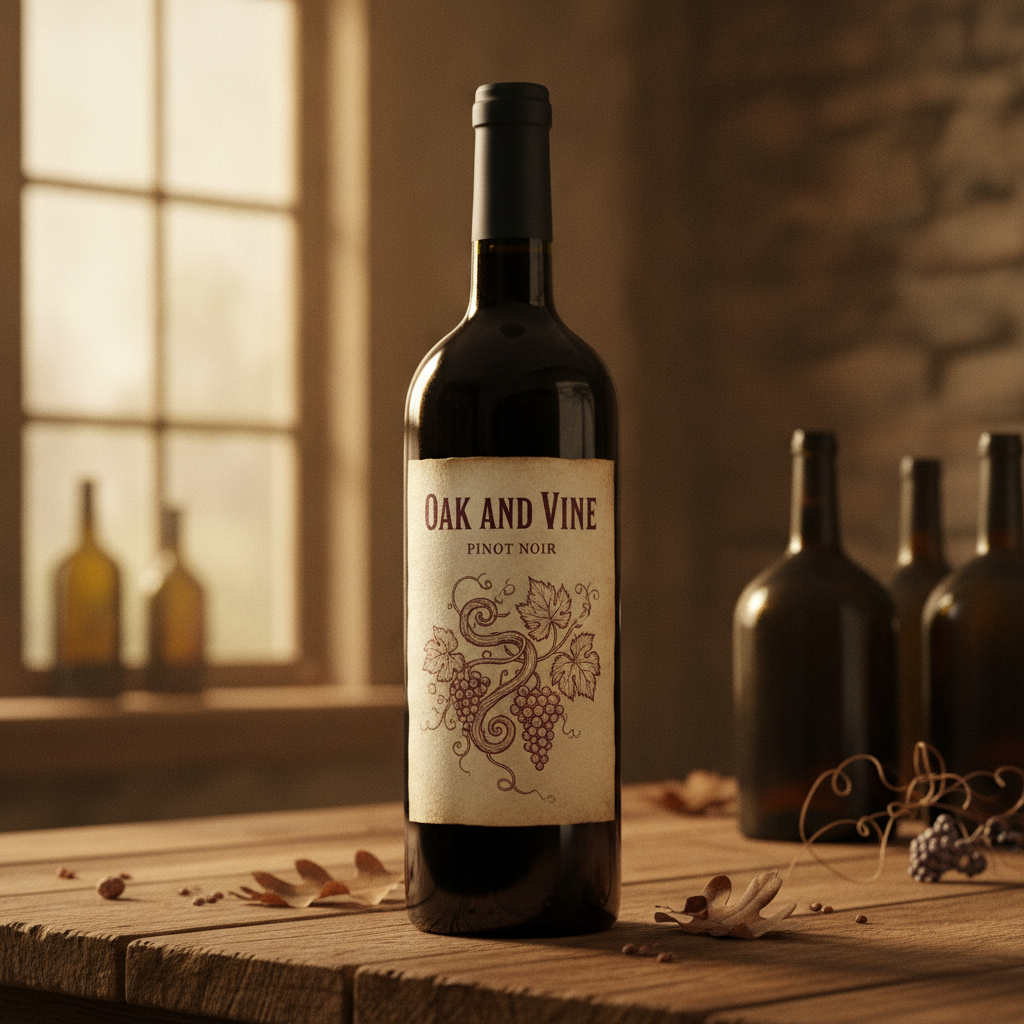 A red wine bottle on a rustic oak table in warm window light, with an old-world label: an engraved line drawing of grapevines, leaves and two bunches of grapes in burgundy ink on aged cream paper, OAK AND VINE across the top in small-cap serif and PINOT NOIR below it. The engraving is the strongest thing on this page — the line weight genuinely reads as intaglio rather than as a filter — and the label wraps the bottle with correct shading down both sides instead of sitting on it like a flat sticker. The problem is the edge. The paper is drawn torn and irregular, softly deckled along the top and stained at the corners, and an irregular edge is not a die line. A converter cuts labels to a defined shape with a tool, so a genuine deckle is either a specified stock or a specified die, and a randomly ragged outline is neither. Read the artwork, redraw the outline as a rectangle with a stated corner radius