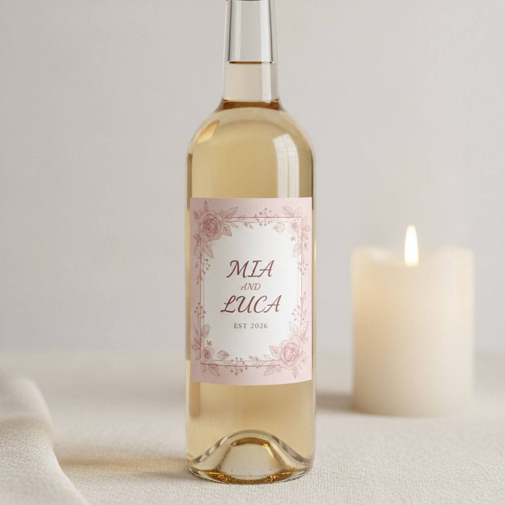A clear bottle of straw-gold wine beside a lit candle on linen, wearing a custom wedding label: a blush pink field, a fine hand-drawn rose and berry border, MIA AND LUCA set large in the centre and EST 2026 in small capitals underneath. The names and the date are spelled and set correctly, and the border art is genuinely printable. What the render cannot show is how this product actually works. A personalised wedding label is almost always an over-label applied on top of a commercially bottled wine, which means the mandatory text on the bottle underneath — alcohol content, net contents, the bottler line, the Government Warning — has to stay visible after your label goes on. In practice that makes it a front-panel-only job with a size limit set by whatever is already printed on the back, which is a constraint on the artwork rather than an afterthought