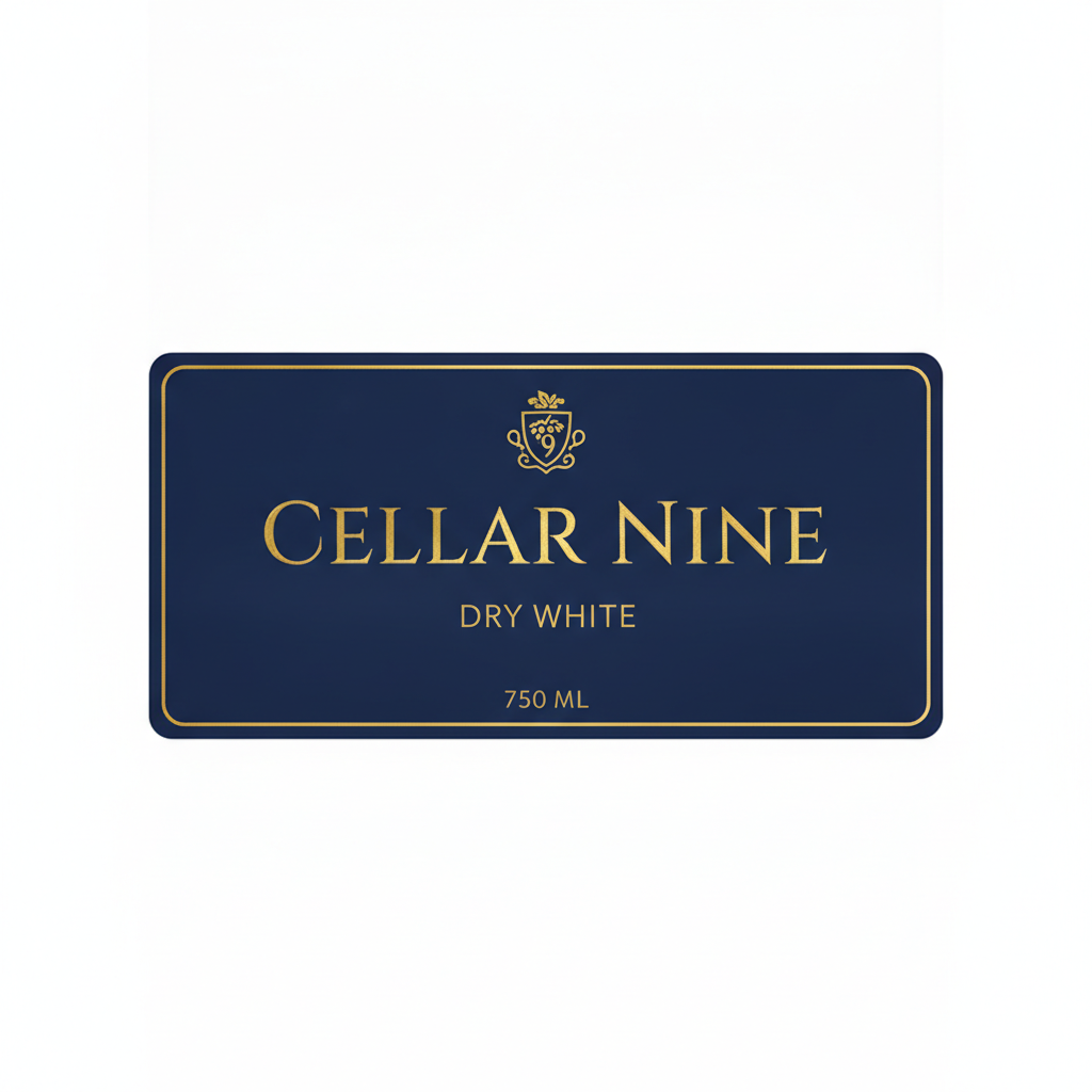 The flat label layout, and the most instructive frame here. Navy field, gold rule, a small grape crest, CELLAR NINE in tall gold serif capitals, DRY WHITE beneath and 750 ML at the foot, all correctly spelled, shown flat with no bottle. It looks like a print file and it is not one. There is no bleed — the artwork stops dead at the rounded rectangle instead of running past it, so a die cutting on that line with its normal drift would shave navy off one edge and leave white on the other. There are no crop or registration marks and no die line drawn as a separate layer. The proportions are landscape and about two to one, wider and squatter than the portrait front panel most 750 ml bottles take. And the gold is a painted gradient: real foil is a stamped metal film that flares as the bottle turns, which is a tooled finishing process quoted on its own, not a colour you can ask for in a prompt