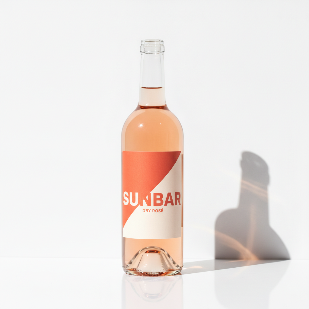 A rosé bottle in hard summer light against white, with a bold modern label split diagonally into coral and cream, SUNBAR in heavy geometric capitals and DRY ROSÉ below. The colour blocking is the best-executed design on the page, the diagonal genuinely bends with the glass rather than sitting flat on it, and the model added the acute accent to ROSÉ that the prompt never asked for — flattering here, and a warning in general, because a generator that quietly corrects your typography will also quietly restyle a brand name you intend to trademark. Then look at the top of the bottle: there is no closure at all. No cork, no capsule, no screw cap, just an open threaded glass mouth on a bottle filled to the neck. The cast shadow on the right is a second failure, detached from the bottle and carrying a shoulder profile that does not match the object throwing it