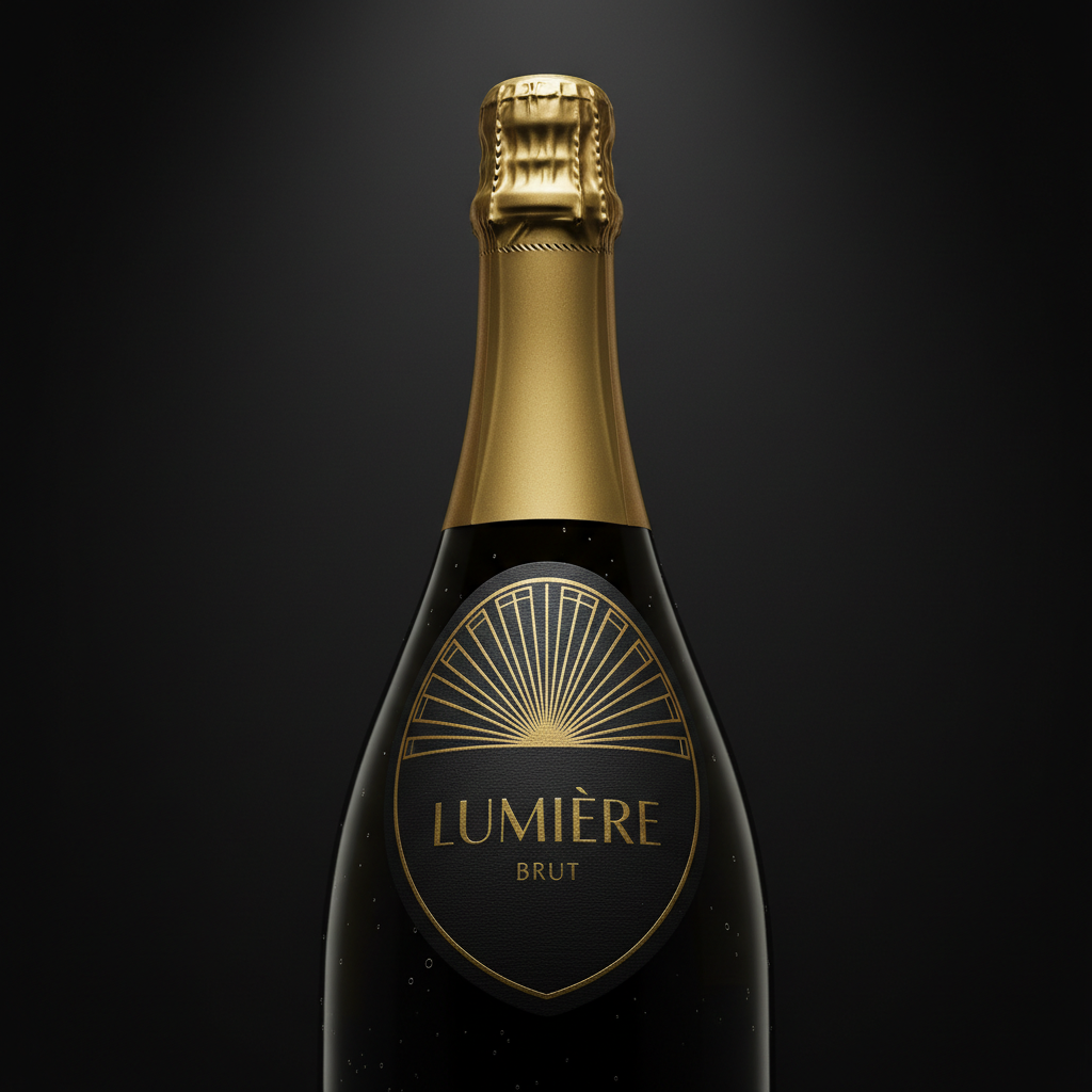 A sparkling wine bottle shot close on a dark background: a shield-shaped label in deep black with an art deco gold sunburst, LUMIÈRE in fine gold capitals — accent added unprompted again — BRUT beneath it, and a matching gold foil covering the neck. As a piece of luxury packaging design it is the most convincing frame on the page, and the shaped label with its pointed foot is a real die shape a converter can cut. The mistake is placement. The label is set high, spanning the shoulder where a champagne bottle curves in two directions at once, and paper does not do that: a label of this height applied there will wrinkle and lift at the sides, which is why real sparkling labels sit on the straight body below the shoulder. The gold is also flat shading rather than metal — it holds the same tone across the whole curve instead of flaring where the light hits