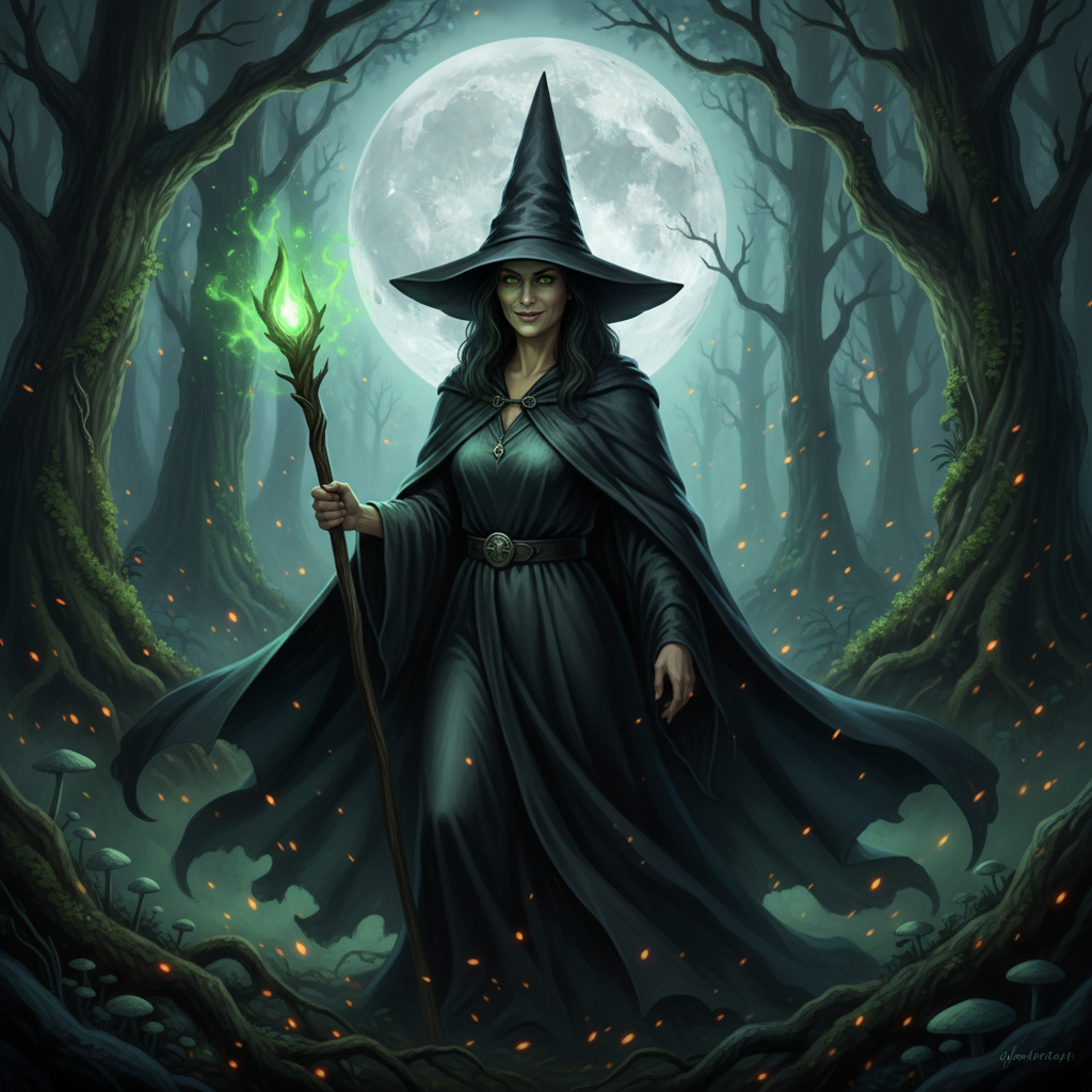 AI witch generator result showing a person turned into a classic witch with a black pointed hat, flowing dark robes and a glowing staff in a moonlit enchanted forest, real face preserved