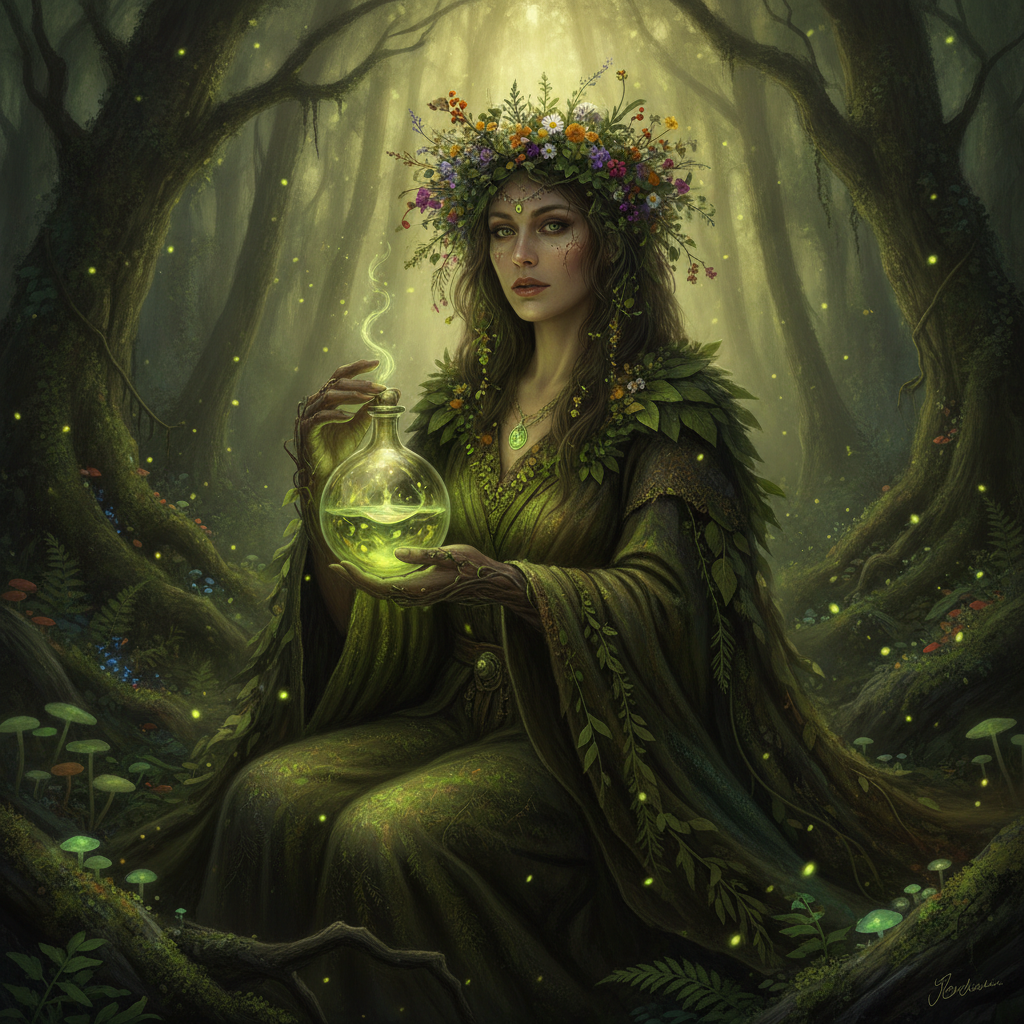 AI witch generator result showing a person as a green nature witch in mossy robes with a crown of flowers and herbs holding a glowing potion in a mystical forest, real face kept recognizable