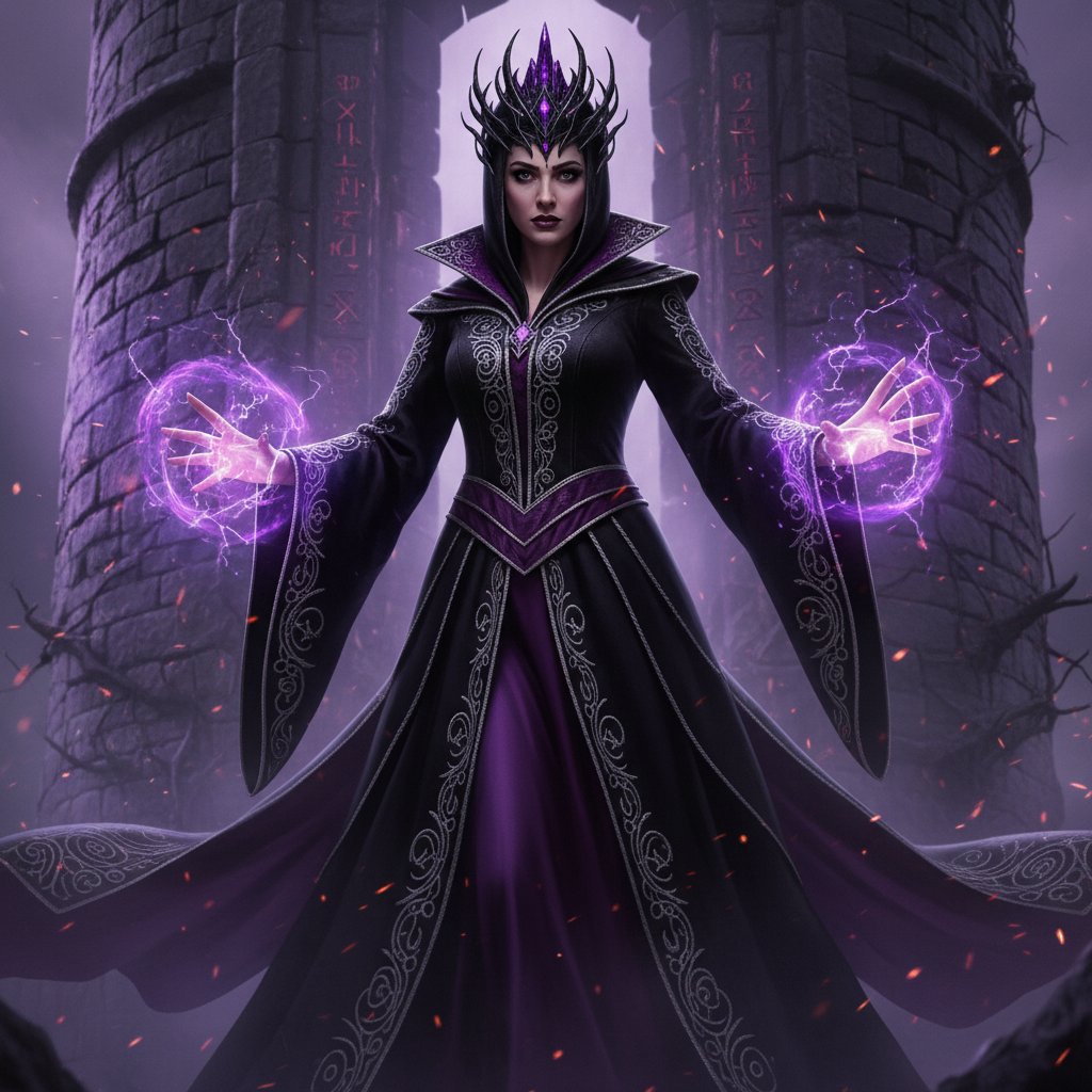 AI witch generator result showing a person as a powerful dark sorceress in black-and-purple robes with glowing magic swirling around her hands in a shadowy stone tower, real facial features recognizable
