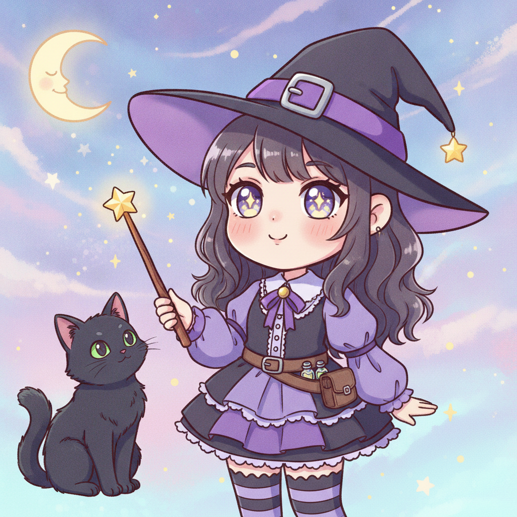 AI witch generator result showing a person as a cute anime-style witch with a tiny pointed hat and star wand beside a black cat on a pastel night-sky background, real facial features recognizable