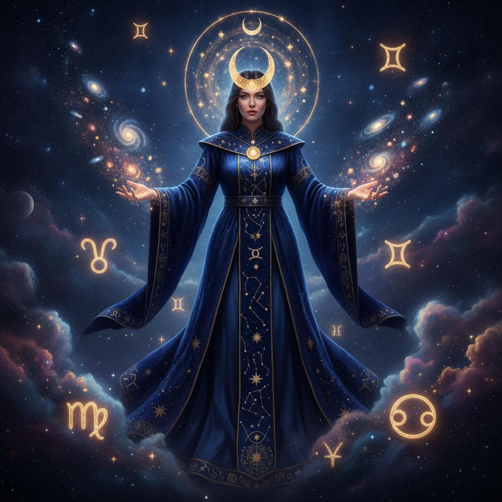 AI witch generator result showing a person as a celestial cosmic witch in star-patterned robes with a crescent-moon crown holding galaxy magic among stars and nebulae, real face kept recognizable