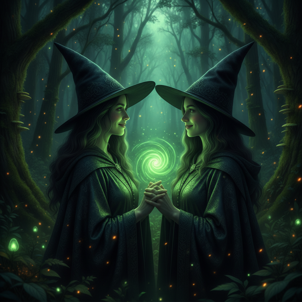 AI witch generator result showing a couple turned into two matching witches in black pointed hats and dark robes with glowing spell light in a moonlit enchanted forest, both real faces preserved