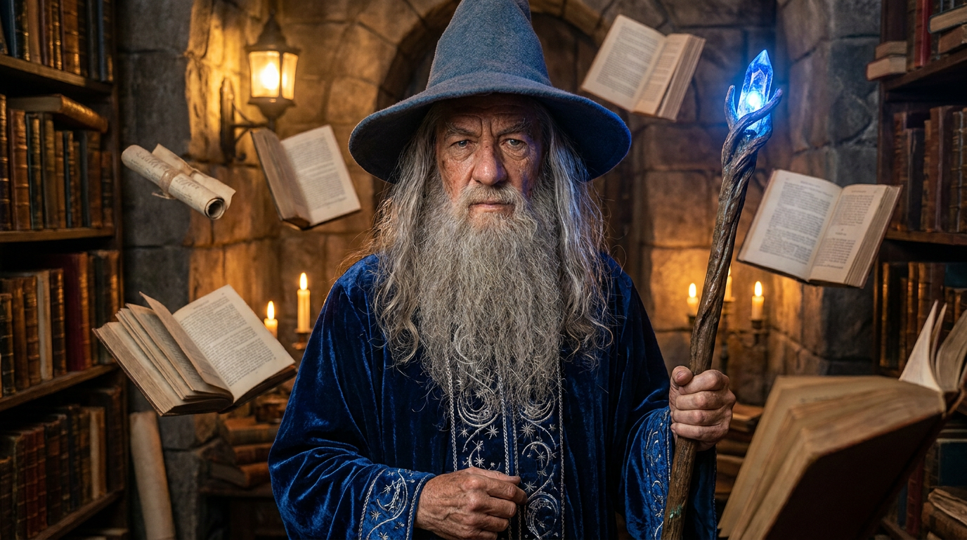 AI wizard generator result showing a person turned into a wise classic wizard with a long grey beard, deep blue star-embroidered robes, a tall pointed hat, and a glowing staff in an ancient stone tower library, real face preserved