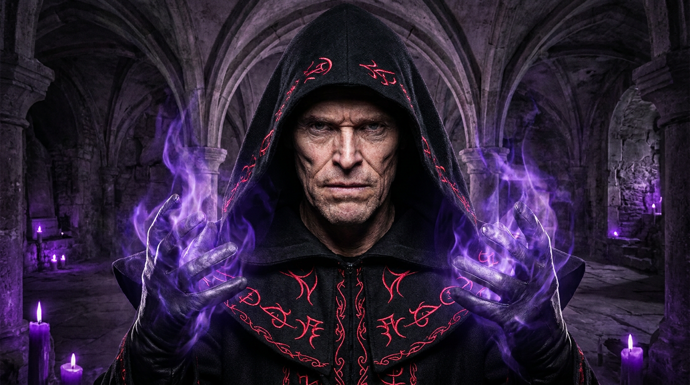 AI wizard generator result showing a person as a dark sorcerer in hooded black robes with glowing crimson runes casting purple magic in a shadowy gothic crypt, real face kept recognizable