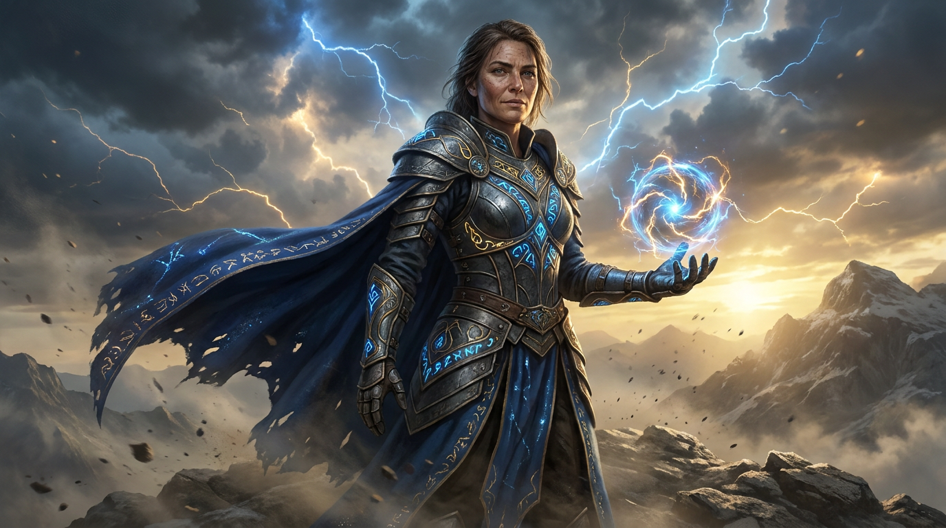 AI wizard generator result showing a person as a powerful battle mage in enchanted armor and an arcane cloak conjuring blue and gold elemental energy on a windswept mountain cliff, real facial features recognizable