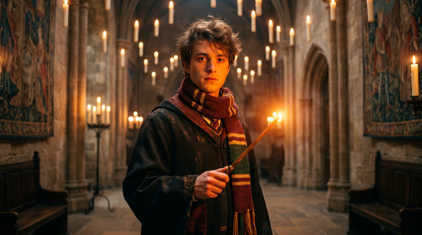 AI wizard generator result showing a person as a young magic-school wizard in a dark academic robe holding a glowing wand in a candlelit stone castle hallway, real facial features recognizable