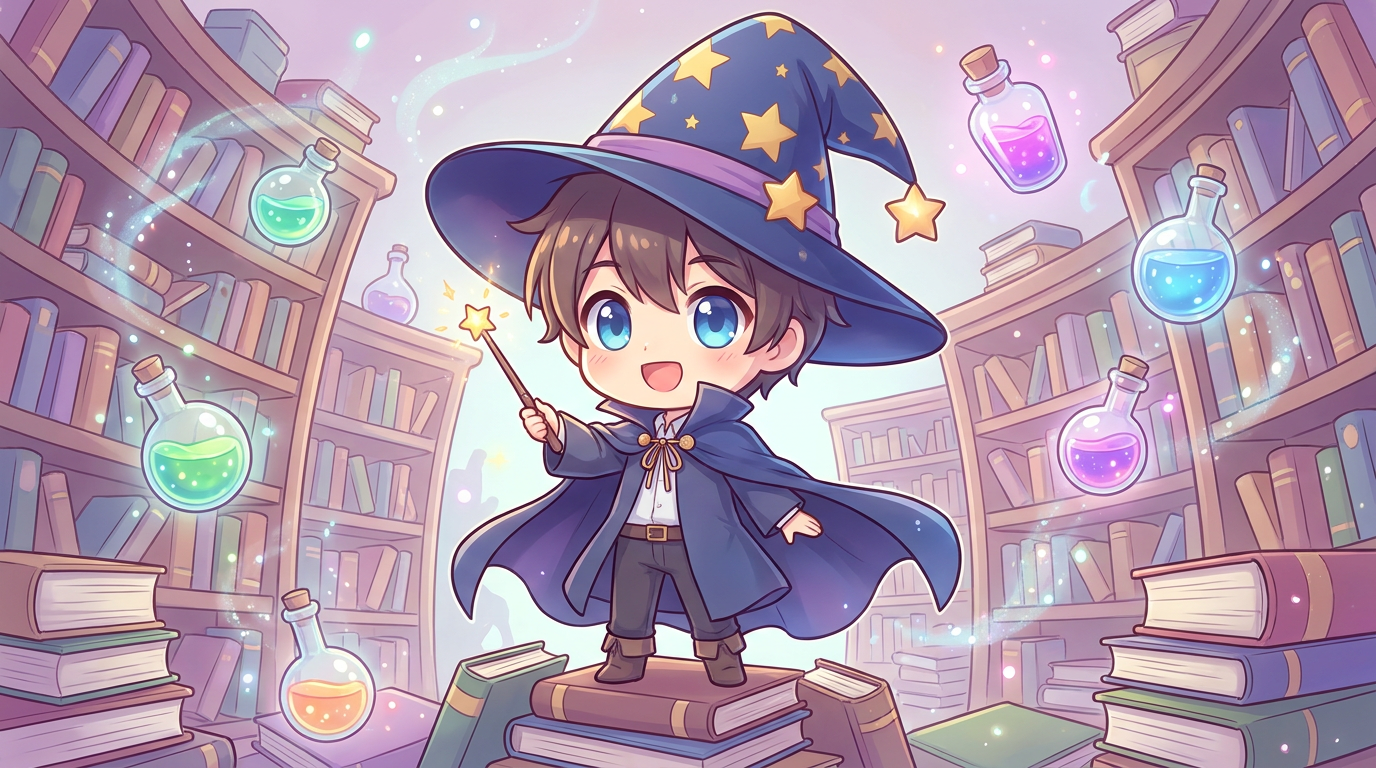 AI wizard generator result showing a person as a cute anime-style chibi wizard with big sparkling eyes, an oversized star-covered hat, and a tiny wand in a colorful magical cartoon library, real facial features recognizable