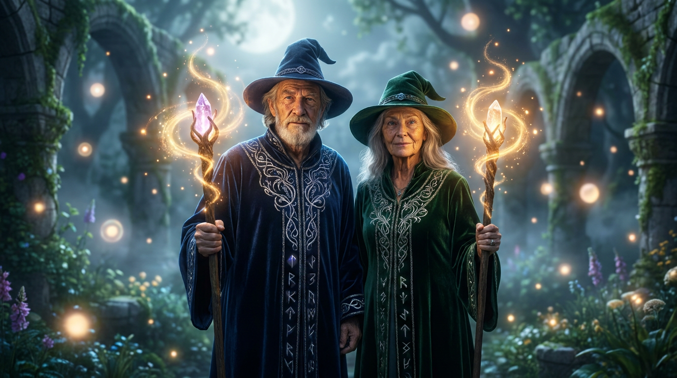 AI wizard generator result showing a couple turned into two matching wizards in coordinated enchanted robes casting golden magic together in a moonlit magical garden, both real faces preserved