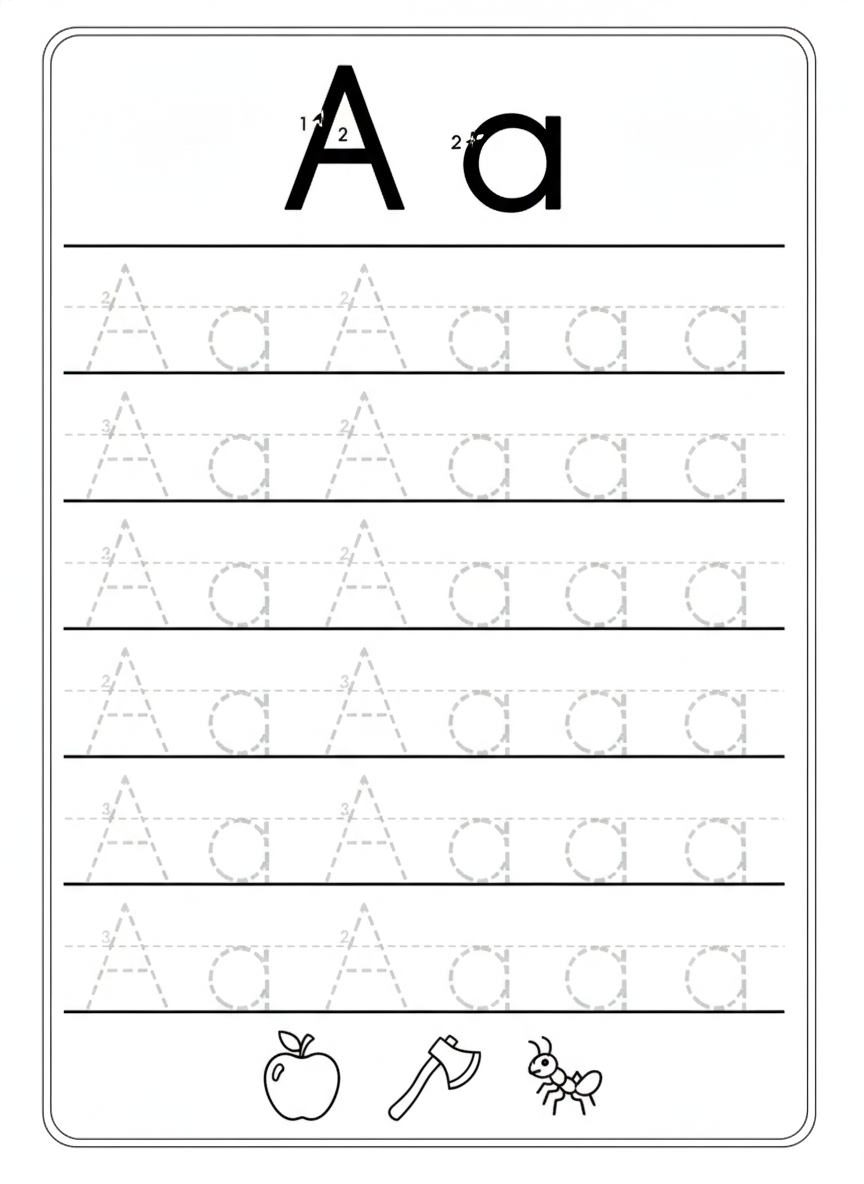 AI worksheet generator result: a kindergarten letter tracing sheet with a large solid A and a lowercase a at the top carrying stroke-order numbers, six ruled practice rows of dotted trace letters below on three-line handwriting guides, and an apple, an axe and an ant drawn along the bottom. The letterforms are the win here — every A and every a is correctly shaped, the lowercase is a proper single-storey handwriting a rather than the two-storey typographic one, the baselines are solid and the midlines dashed exactly as a school guide sheet has them, and the three picture prompts all genuinely start with the letter. Two honest deviations: four practice rows were asked for and six came back, and the alternating A-a-A-a pattern breaks after the fourth glyph so the later rows run A a A a a a. Neither hurts a child tracing it, but if you need an exact row count, count before you photocopy.