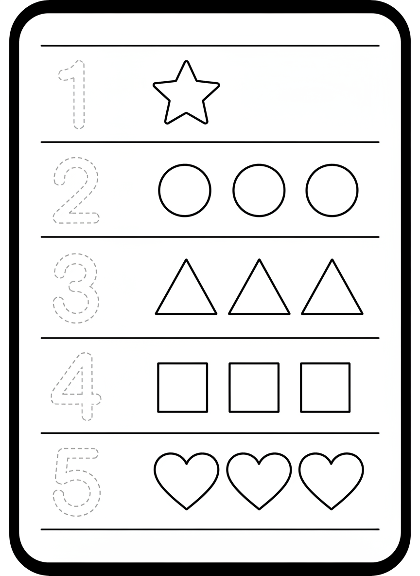 AI worksheet generator result: a preschool counting and number tracing sheet with five ruled rows, each holding a large dotted numeral to trace on the left and a group of shapes to count on the right. This is the frame that shows the tool failing, and it is on the page deliberately. The numerals are perfect — 1 through 5, all correctly formed, all in clean dashed trace outline. The counting is not. Row one is right: numeral 1, one star. Every row after it came back with three objects regardless of the numeral beside it, so 2 sits next to three circles, 4 sits next to three squares and 5 sits next to three hearts. Three of the five rows are mathematically wrong. Counting a specified number of drawn objects is the single most reliable failure in this whole tool, and it is why the answer below is to count every quantity yourself before the sheet reaches a child.