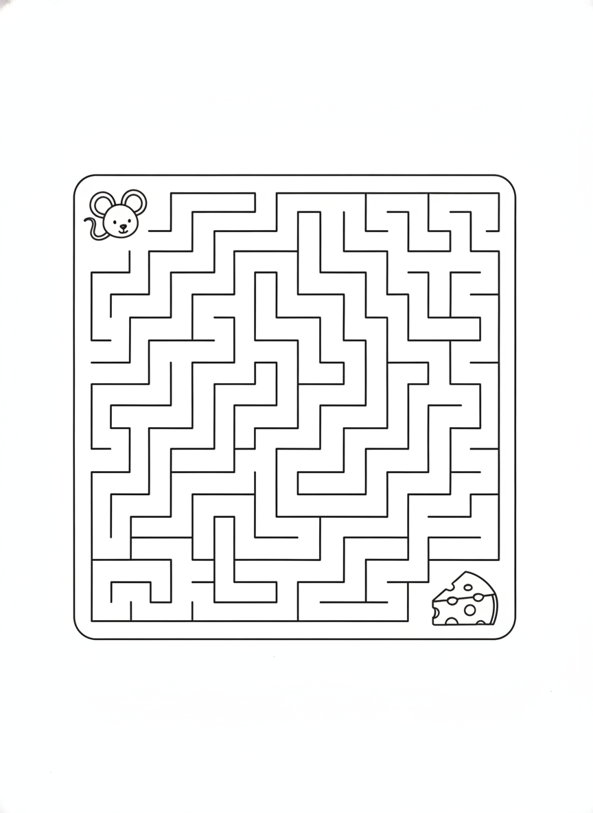 AI worksheet generator result: a wordless printable maze puzzle, a large square grid of clean unbroken black corridors with a friendly outline mouse in the top left corner and a wedge of holed cheese in the bottom right. As line art it is excellent — uniform corridor width, crisp square corners, continuous walls with no broken or floating segments, and not one stray letter or number anywhere on the page, which is the hardest thing to get out of an image model. What it is not is a verified maze. Nothing checks that a continuous path actually connects the mouse to the cheese, and the outer wall came back sealed, with the mouse and the cheese placed inside the border rather than outside two openings as the brief asked. Trace the route with a finger before you print thirty copies. This is the one worksheet type where the picture is convincing and the logic underneath is unchecked.