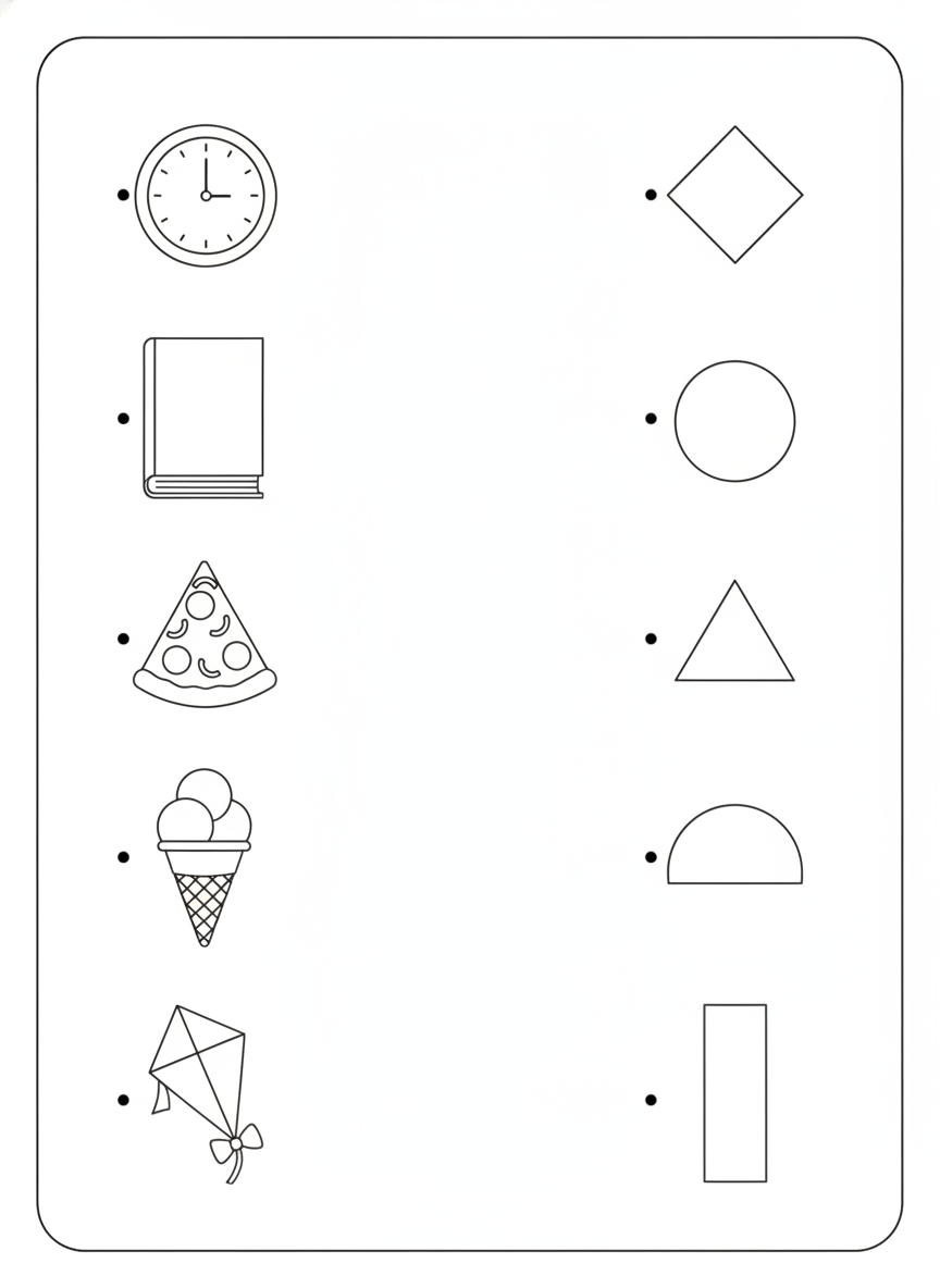AI worksheet generator result: a wordless shape matching activity with five outline objects down the left — a clock, a book, a slice of pizza, an ice cream cone and a kite — and five geometric shapes down the right in scrambled order, each item marked with a small hollow dot for the child to draw a connecting line from. The execution is clean: five and five, correct count on both sides, dots aligned on the facing edges, no lines pre-drawn, generous white space in the middle to work in, and the clock face rendered with tick marks instead of numerals so the no-text rule survives. The pedagogical flaw is worth catching. A pizza slice is a triangle and an ice cream cone is also a triangle, so two objects compete for one shape and the answer key is not unique. The generator matched the visual brief exactly and still produced a puzzle with an ambiguous solution.
