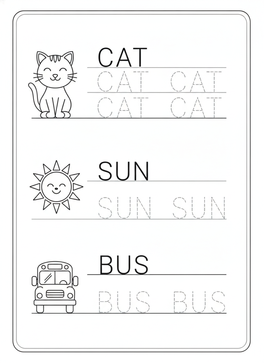 AI worksheet generator result: a first grade handwriting sheet with three blocks — a cat, a sun and a bus, each drawn in friendly outline beside its word set as a solid black model with dotted trace copies underneath. Every word is spelled correctly: CAT, SUN, BUS. That is the whole reason these words are three letters long. Short, common, all-capital words come back right nearly every time, and the letterforms here are clean, evenly spaced and consistent in weight between the model and the traces. The layout drifted rather than the spelling. The CAT block got two trace rows while SUN and BUS got one each, so the three blocks are not the identical structure that was briefed, and the dashed midline and top line of the three-line guide were dropped in favour of a single baseline rule per row.