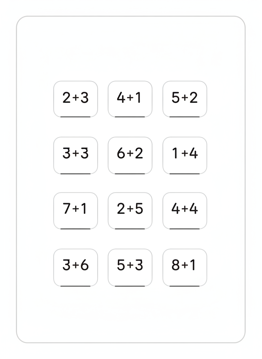 AI worksheet generator result: a single-digit addition sheet, twelve problems in a four-by-three grid of soft rounded boxes with a short answer rule under each one. This is the best frame on the page and the one that explains where the tool is genuinely strong. Twelve specific sums were dictated in the prompt — 2+3, 4+1, 5+2, 3+3, 6+2, 1+4, 7+1, 2+5, 4+4, 3+6, 5+3, 8+1 — and all twelve came back exactly right, in exactly that order, with every plus sign symmetrical and every answer space left blank. Zero errors across twenty-four numerals. The layout, not the maths, is what drifted: the sums were briefed stacked vertically in column form and arrived written horizontally, the answer rule sits under the edge of each box rather than inside it, and the boxes sit small in a lot of empty page.