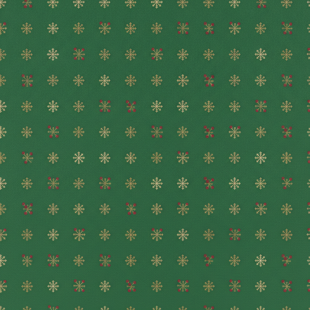 AI wrapping paper design generator result: a festive holiday gift wrap pattern of gold snowflakes and small cranberry red berry clusters evenly repeated on a deep forest green ground