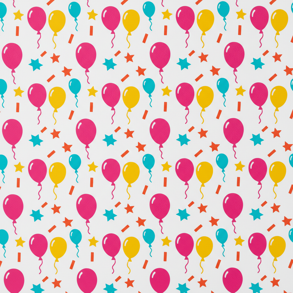 Birthday wrapping paper design made with AI: party balloons with curling strings, chunky stars and confetti dashes in hot pink, yellow, turquoise and tangerine on a clean white ground