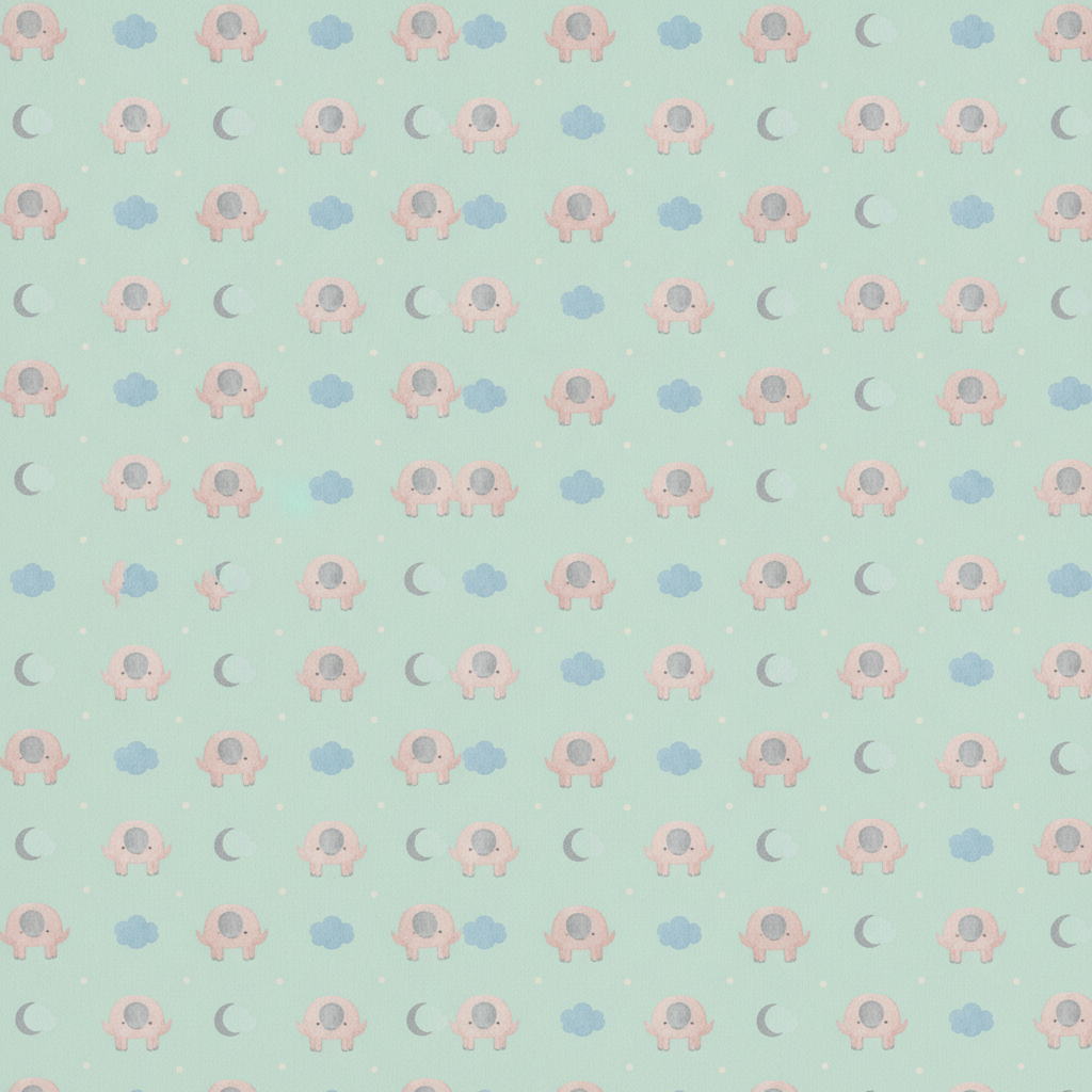 Baby shower gift wrap from the AI wrapping paper design generator: pastel elephants, clouds, crescent moons and star dots in blush, powder blue and ivory on a pale mint ground