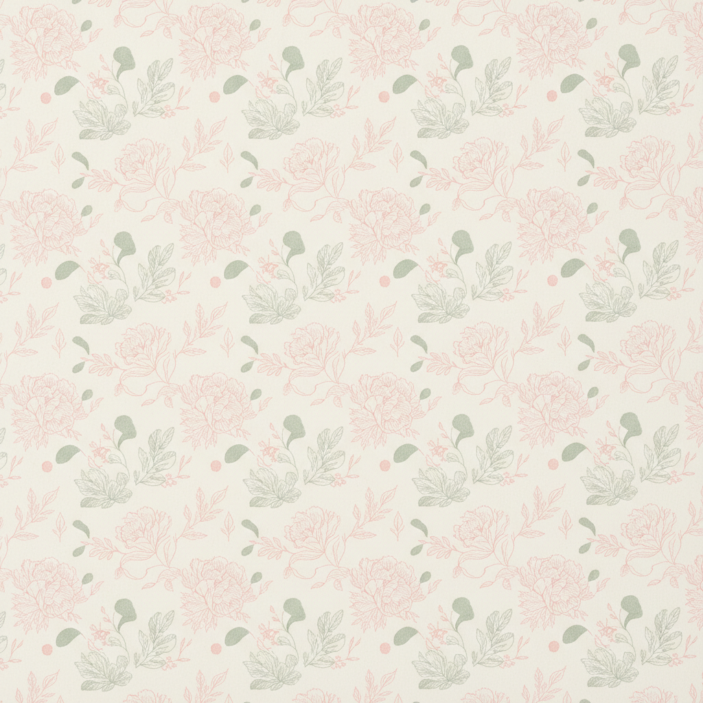 Elegant wedding wrapping paper design generated with AI: fine line-drawn peonies and eucalyptus sprigs in blush pink and sage green on an ivory ground