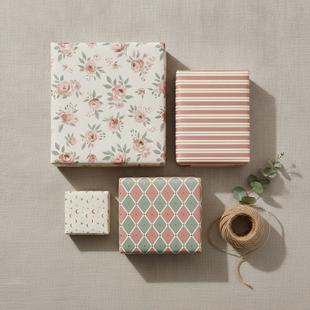 Four gift boxes wrapped in coordinating AI-designed wrapping papers — a rose floral, a striped sheet, a harlequin diamond and a gold star and moon print — sharing one palette of dusty rose, sage green, cream and gold on neutral linen