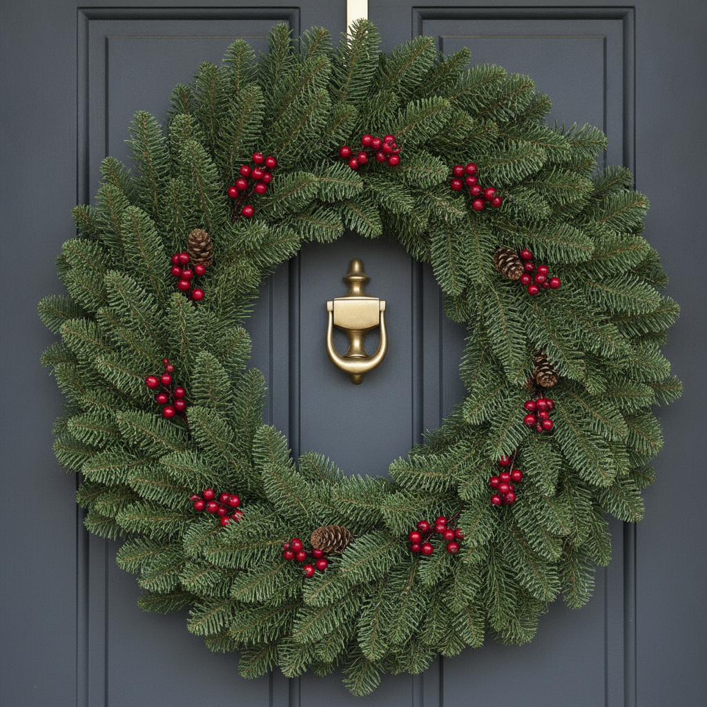 AI wreath design generator result: a dense fresh fir wreath with red berry clusters and small cones, hung on a panelled door above a brass knocker. The needles are the part that convinces, matte and slightly dusty with the bunches overlapping in one consistent direction the way a wired wreath is genuinely built, and the branch tips catching a little more light than the shaded interior of the ring. Two things came back other than as asked. The door was specified as matte charcoal and arrived slate blue, a colour substitution the model makes freely. And every berry cluster and every cone sits on top of the foliage with no wire, no pin and no glue anywhere, while the ivory hanging strap runs off the top of the frame attached to nothing you can see