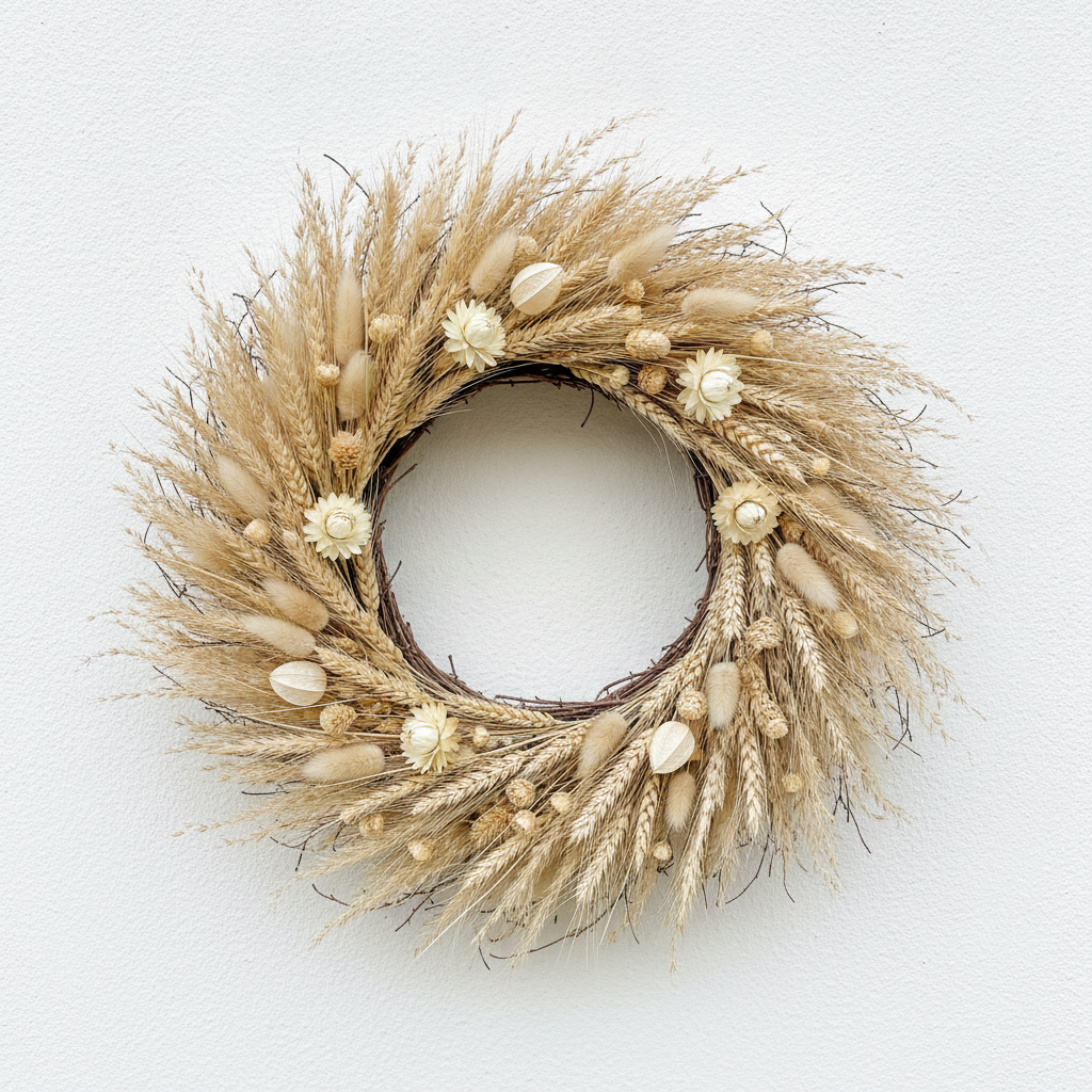 A dried everlasting wreath on a bare twig ring: bleached wheat, bunny tail grasses, papery cream strawflowers, plume grass and small seed heads in a sand and oatmeal palette. The material genuinely reads as dried rather than fresh, brittle and matte with the light passing through the thinnest petals, and the twig base stays deliberately visible around the inner edge instead of being buried. What is missing is any evidence that it is hanging. There is no loop, no wire and no hook, and the plaster wall behind carries no shadow at all, so what is presented as a wall piece is really a flat lay photographed from above