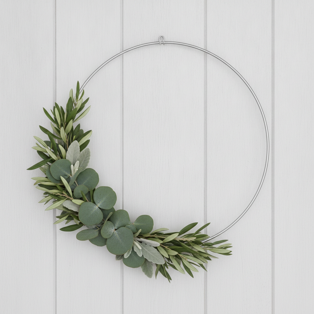 The asymmetric hoop, and the one preset where the composition instruction held exactly: foliage covers the lower left third and the rest of the ring is left bare, which is the opposite of what the model does when left alone. Eucalyptus, olive and lambs ear read correctly, and it even rendered a real fixing, a small hook screwed into the wall with the hoop hanging on it. Two specs were quietly swapped: the hoop was asked for in gold and came back chrome silver, and the pale oak door became white painted planks. Look at where the greenery meets the bare ring at either end, where the stems simply disappear behind the metal with no wire, tape or binding of any kind
