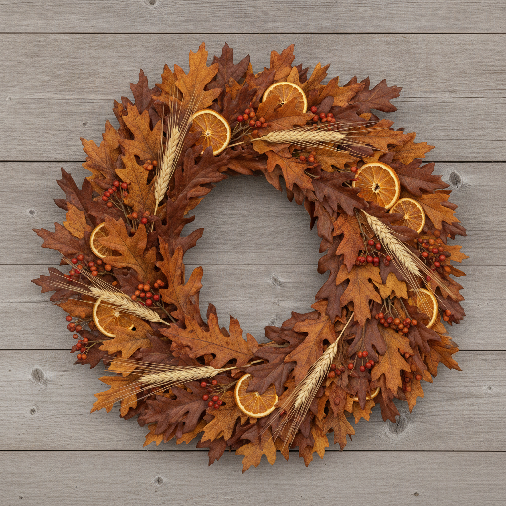 A preserved autumn wreath on weathered barn boards, and the best piece of construction on the page: the leaves are layered like scales in one continuous direction around the ring, which is how a real foliage wreath is actually built, and the inner opening is irregular rather than a perfect circle in the way handmade ones are. The preserved look is right too, leathery and matte with the light coming through the thinner leaves. The prompt asked for oak and maple and got oak only, the commoner of the two, which is the usual pattern when two species are named. The orange slices and berry clusters lie on the surface with nothing holding them, and there is no hanging point anywhere on the ring