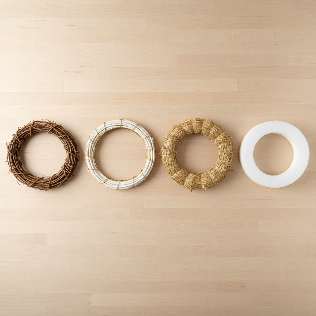 The comparison row, and the most useful failure on the page. Five bare bases were specified and four arrived: grapevine, straw and white foam are all correct, and the peeled willow ring and the bare metal wire ring have been fused into a single object, a white coiled ring bound at intervals with gold wire. So the rig did not drift a variable this time, it dropped an item and merged two others. The profiles also differ enough that the outer diameters are not the identical set that was asked for. Read it for what each base looks like and what it would take a stem, and count the objects in any comparison render rather than trusting the number in your prompt