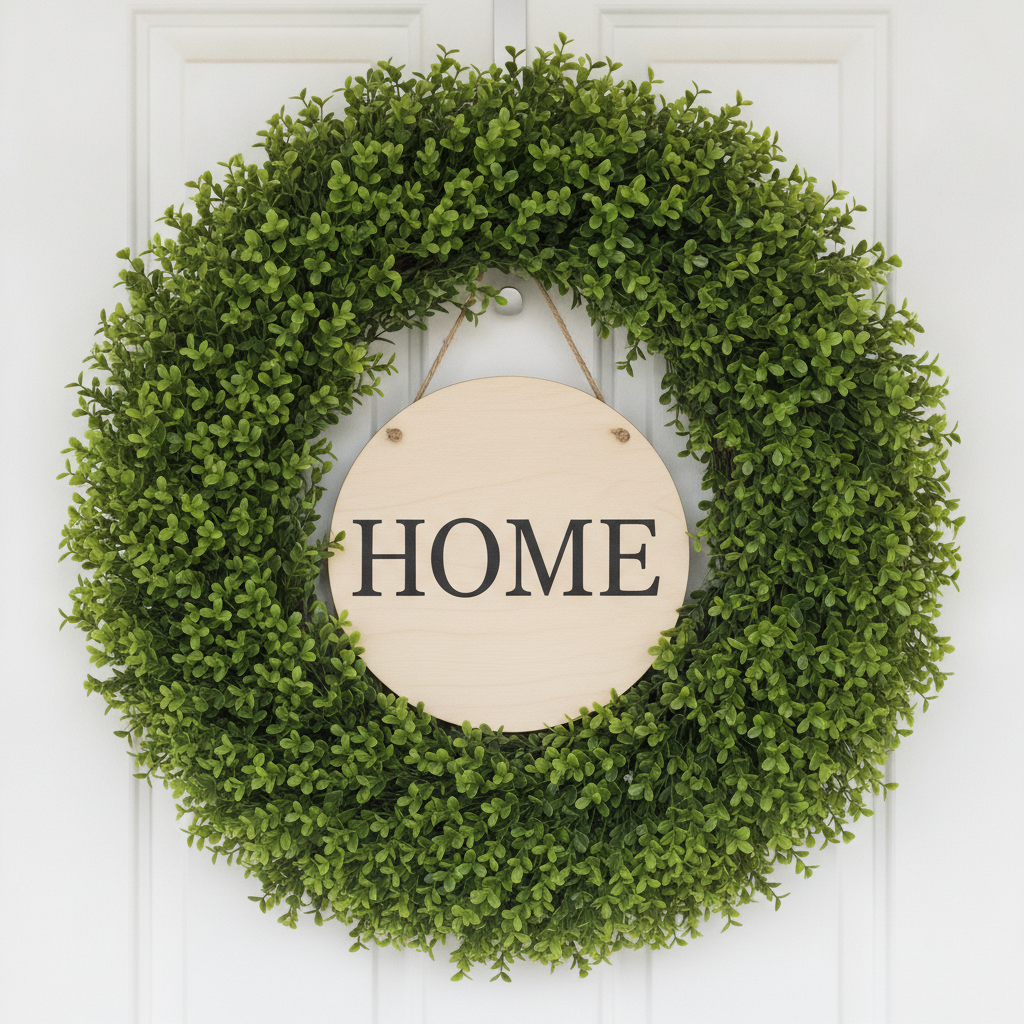 A clipped boxwood ring with a round wood sign in the centre reading HOME, spelled correctly on the first attempt. Four common capitals set large on a clear surface is the safe end of what this model does with type, and a surname, a street name or a house number is where it starts inventing letters. The sign is also built correctly, with the twine running through two drilled holes and over a small white hook screwed into the door. Now look at what that hook is carrying: the sign, and only the sign. The wreath around it hangs from nothing at all. The boxwood also reads as artificial rather than living, which is the honest reminder that a render cannot tell you whether a wreath lasts three weeks or five years