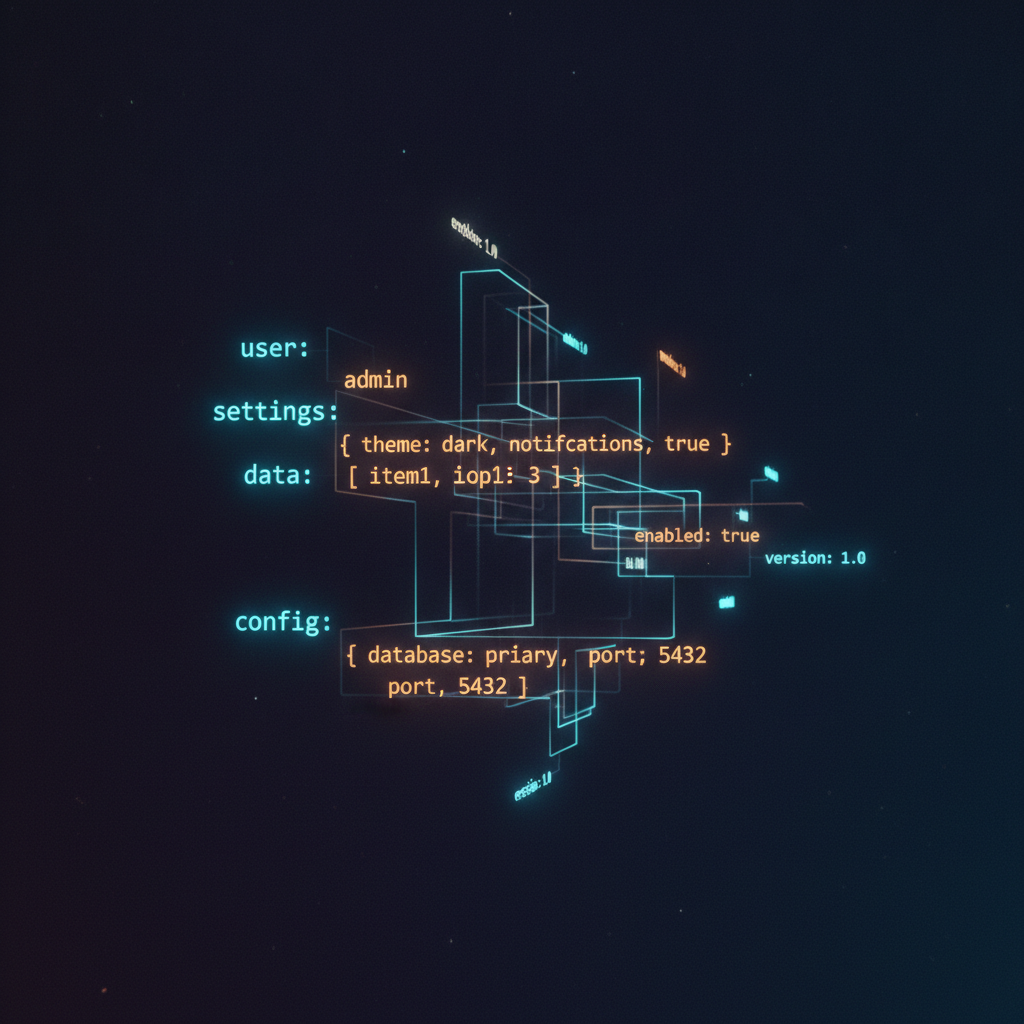 AI YAML art generator — glowing indented key-value hierarchy rendered as abstract 4K art