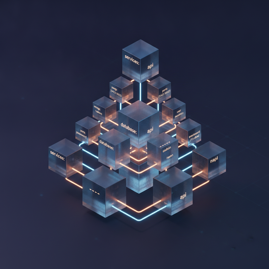 YAML-inspired art — isometric 3D visualization of a nested YAML data structure in glass and light