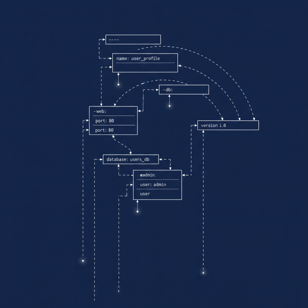 AI YAML images — blueprint schematic artwork of a YAML document on a deep navy background