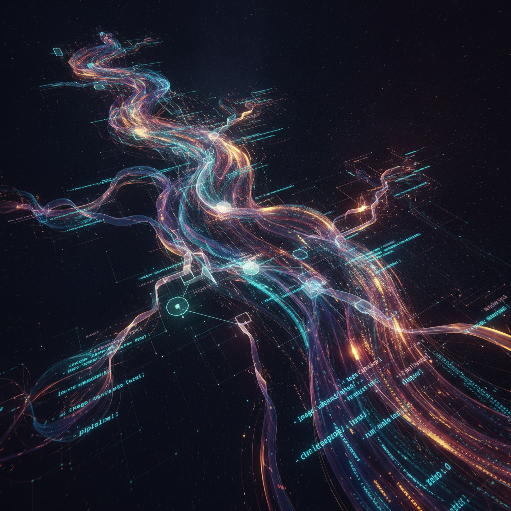 AI YAML design — vibrant flowing data-stream art representing YAML pipelines in rich gradient color