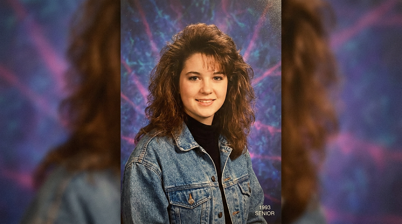 1990s style AI yearbook photo of a young woman with voluminous feathered hair on a mottled blue-gray laser studio background