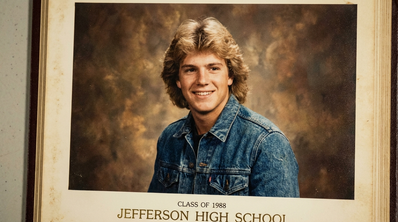 1980s AI yearbook photo of a young man with feathered hair wearing a denim jacket on a classic brown studio backdrop
