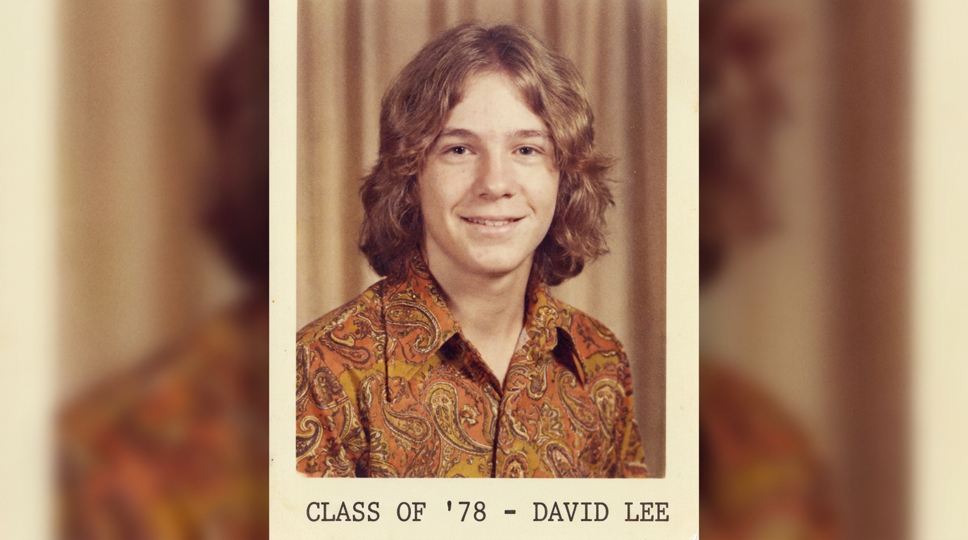 1970s vintage AI yearbook portrait of a smiling person in a wide-collar patterned shirt with warm earthy retro film tones
