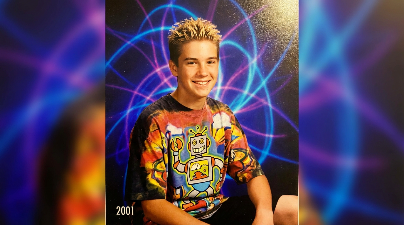 Early 2000s Y2K AI yearbook photo of a smiling teenager with frosted tips and a graphic tee on a swirly blue laser background