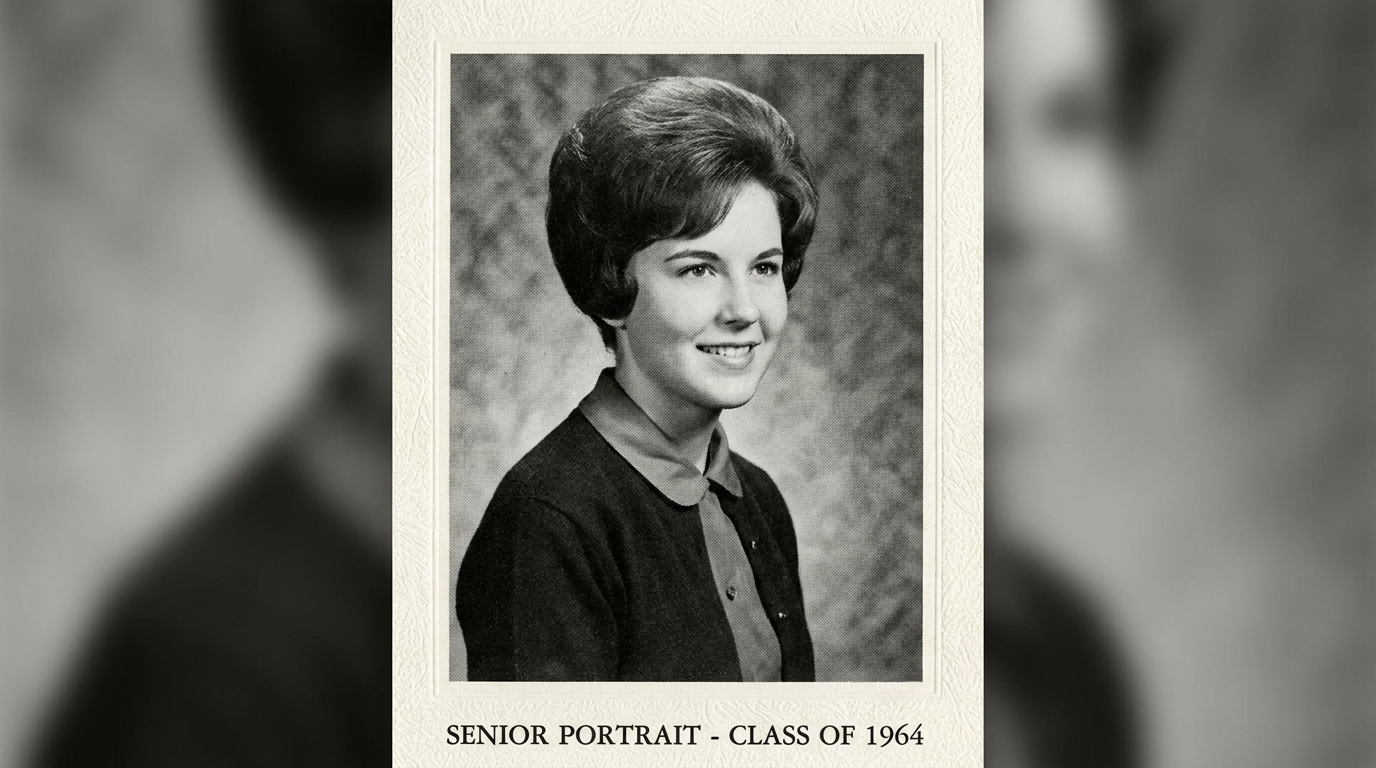 1960s black and white AI yearbook portrait of a young woman with a neat vintage hairstyle and formal studio lighting