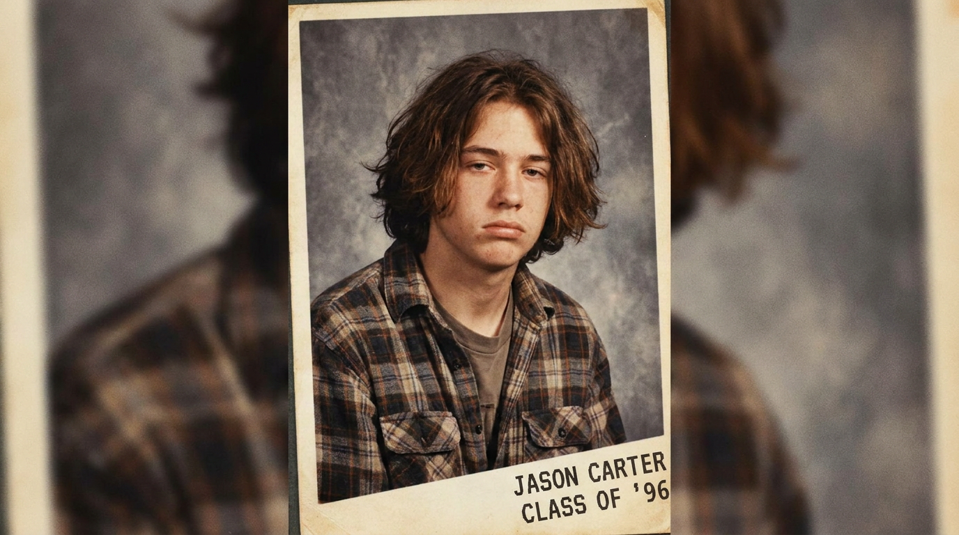 1990s grunge-era AI yearbook photo of a teenager in a flannel shirt with muted retro colors on a gray studio backdrop