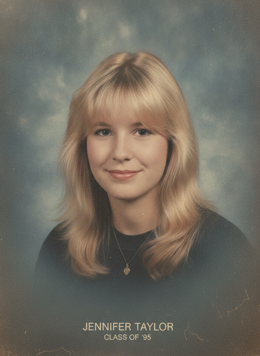 AI yearbook photo generator 90s senior portrait of a woman with feathered hair and blue laser background made from a phone selfie
