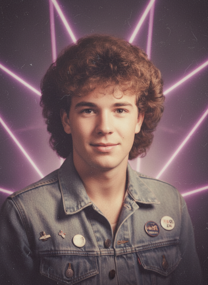 80s retro yearbook glamour shot of a man with big permed hair and purple laser background created with the AI yearbook photo generator