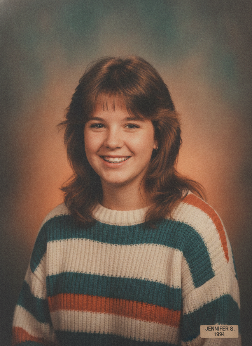 Nostalgic 90s yearbook class photo of a smiling teenager with teal gradient backdrop generated with the AI yearbook photo generator