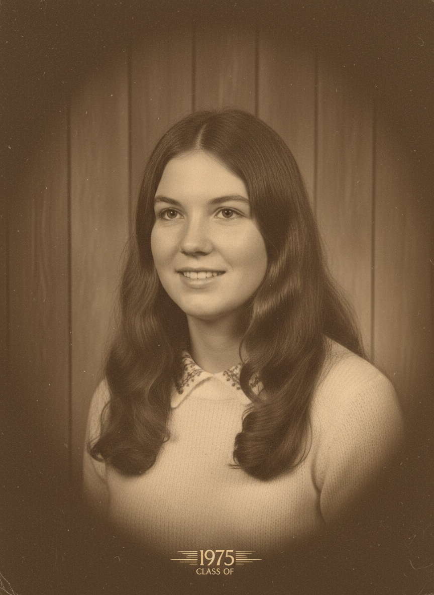 70s vintage sepia yearbook portrait of a woman with center-parted hair made with the AI yearbook photo generator