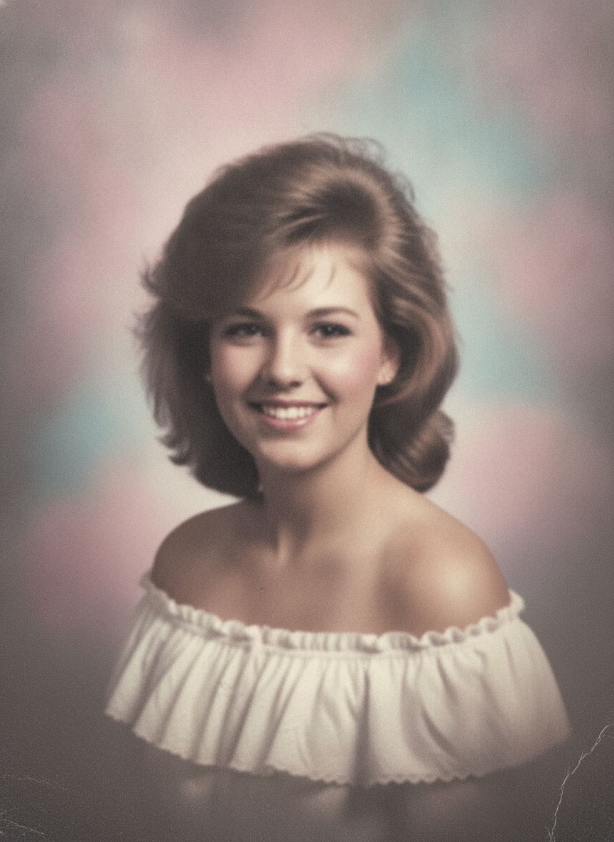 90s mall-studio glamour shot yearbook photo of a young woman with soft focus feathered hair from the AI yearbook photo generator