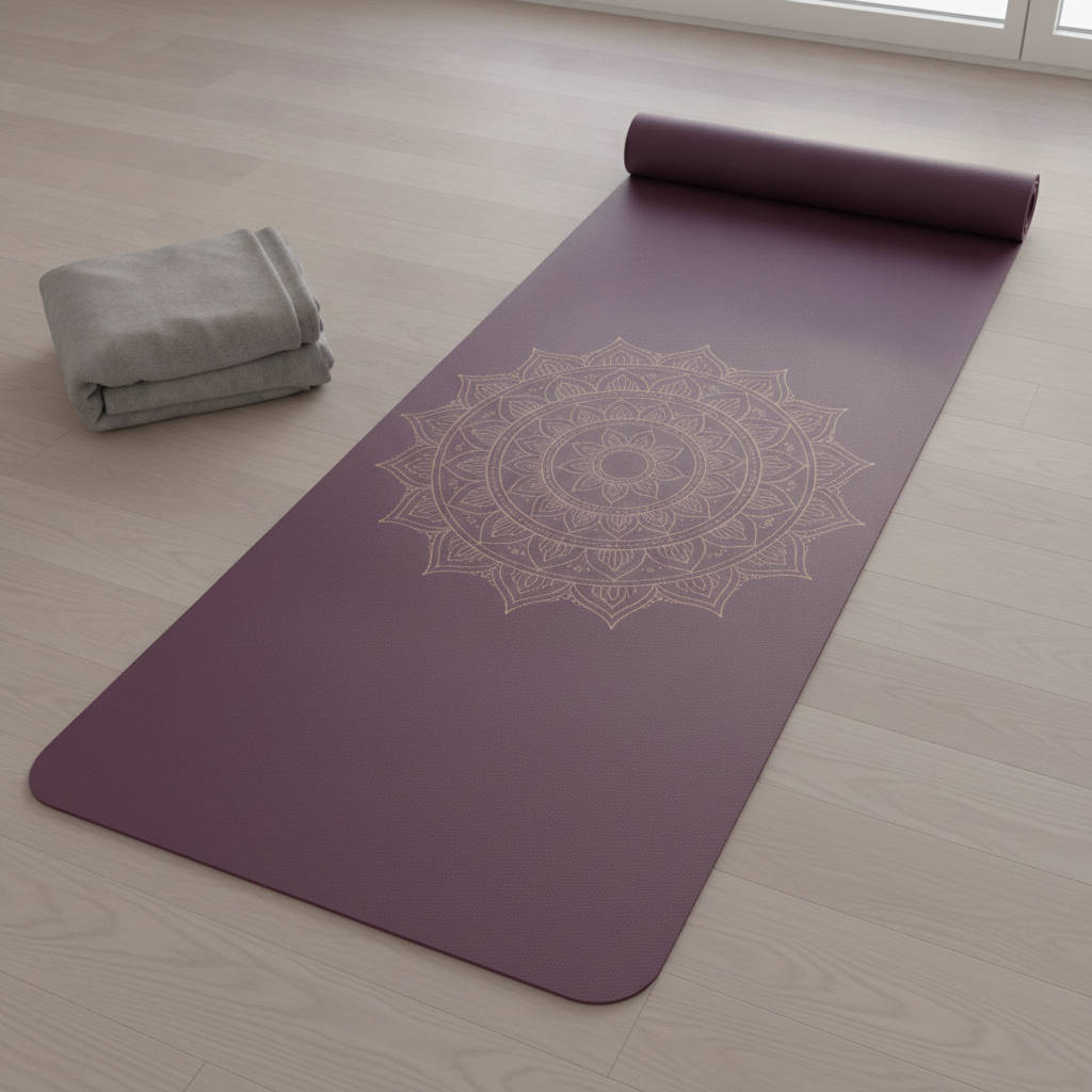AI yoga mat design generator result: a deep aubergine purple rubber yoga mat printed with a large dusty gold mandala centred on the mat, unrolled on a pale ash wood studio floor